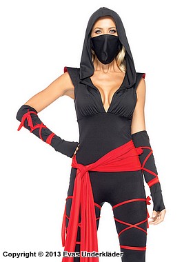 Female ninja (aka kunoichi), body costume, hood, sash